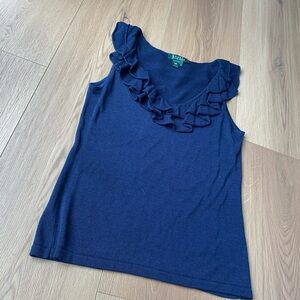 Ralph Lauren Women’s Deep Blue Ruffle Tank Top, Silk, Size M